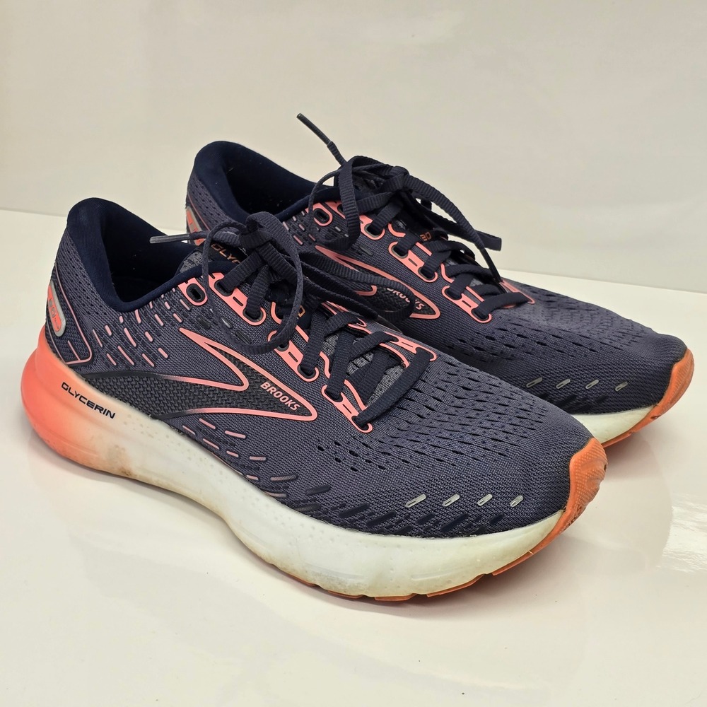 Brooks Glycerin 20 Womens 8.5 Navy Blue Peach Cushioned Running Shoes Athletic